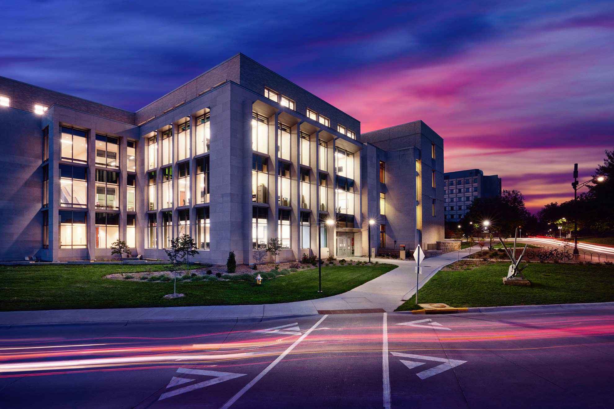 Ivy College of Business, Gerdin Business Building photographed at Dusk